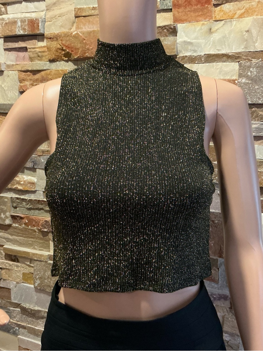 Reformation Metallic Mock Neck Crop Top - Black with Gold Lurex
